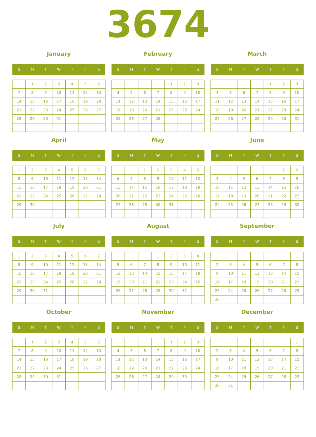 Printable 3674 Year Calendars chartreuse