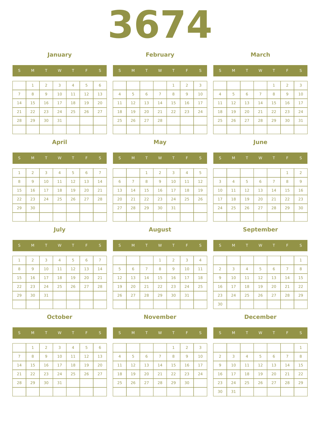 Printable 3674 Year Calendars eburnean