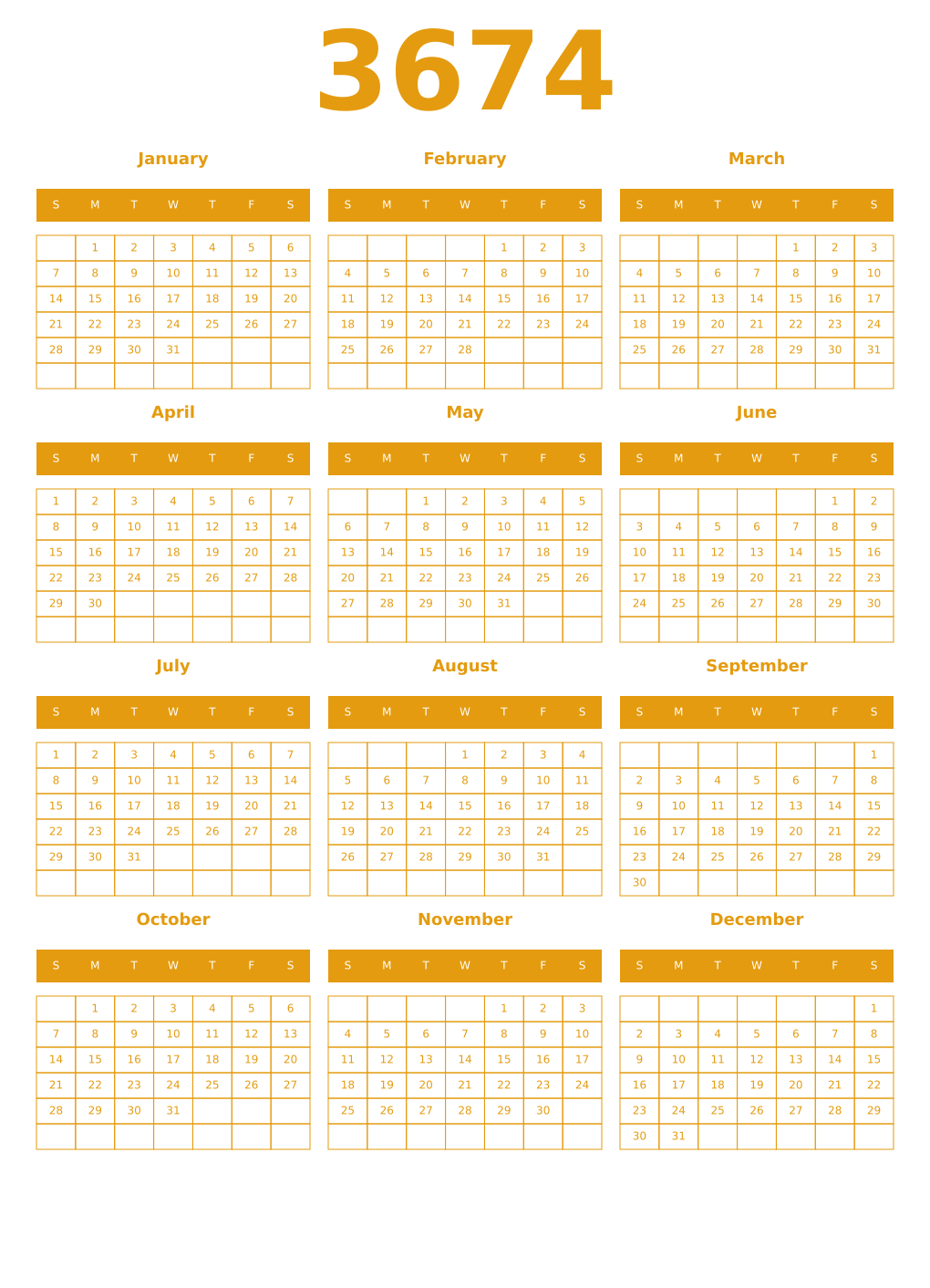 Printable 3674 Year Calendars gamboge