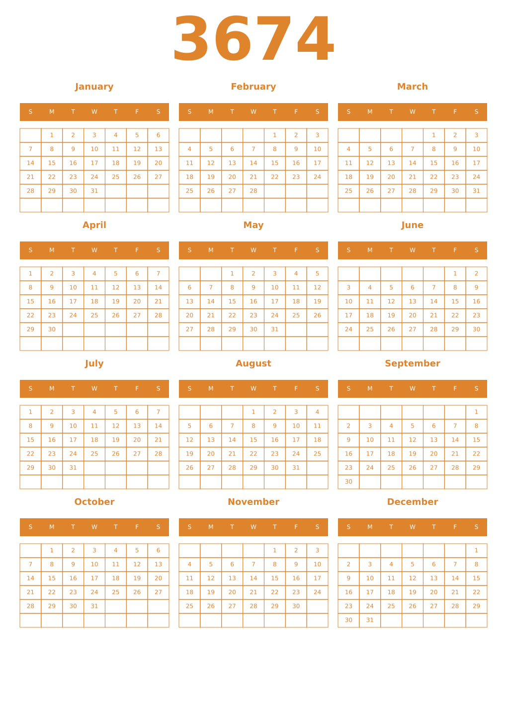 Printable 3674 Year Calendars orange