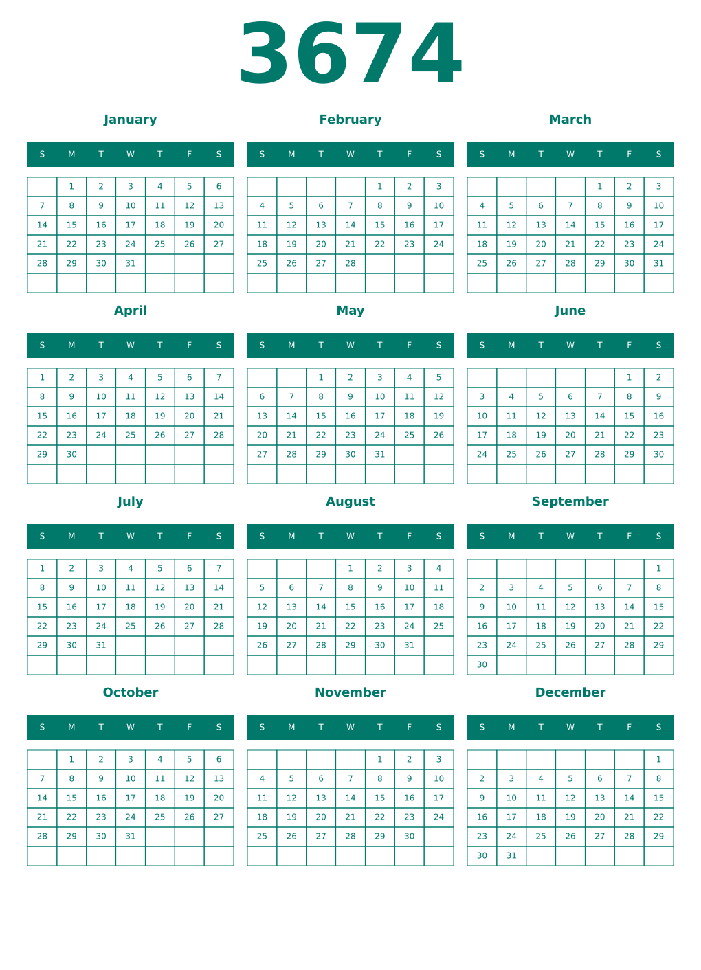 Printable 3674 Year Calendars pastel