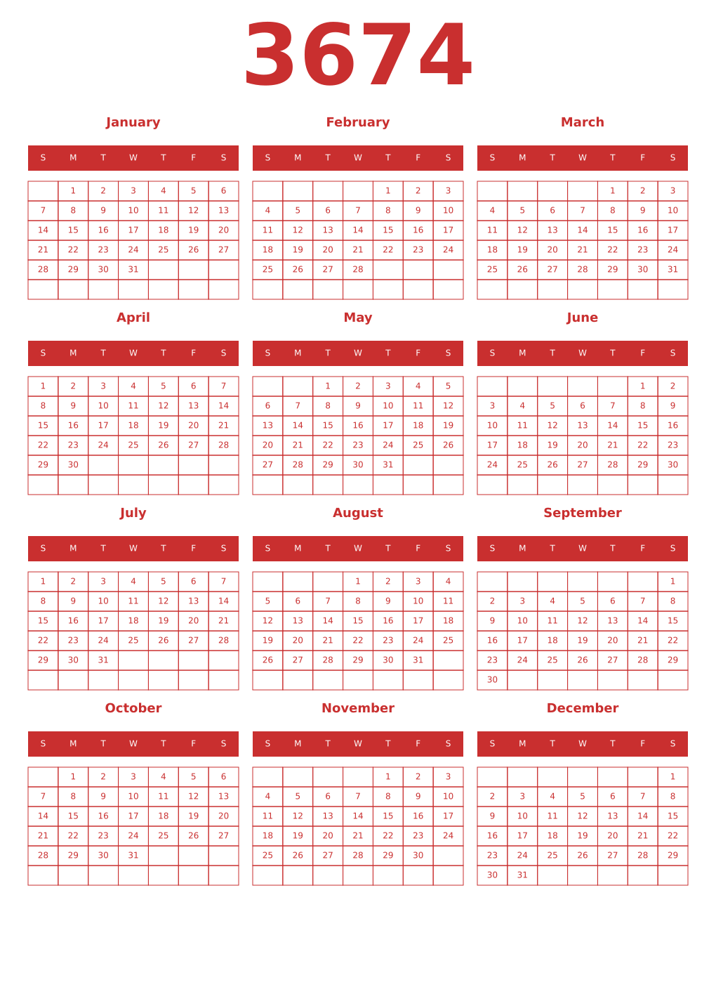 Printable 3674 Year Calendars red