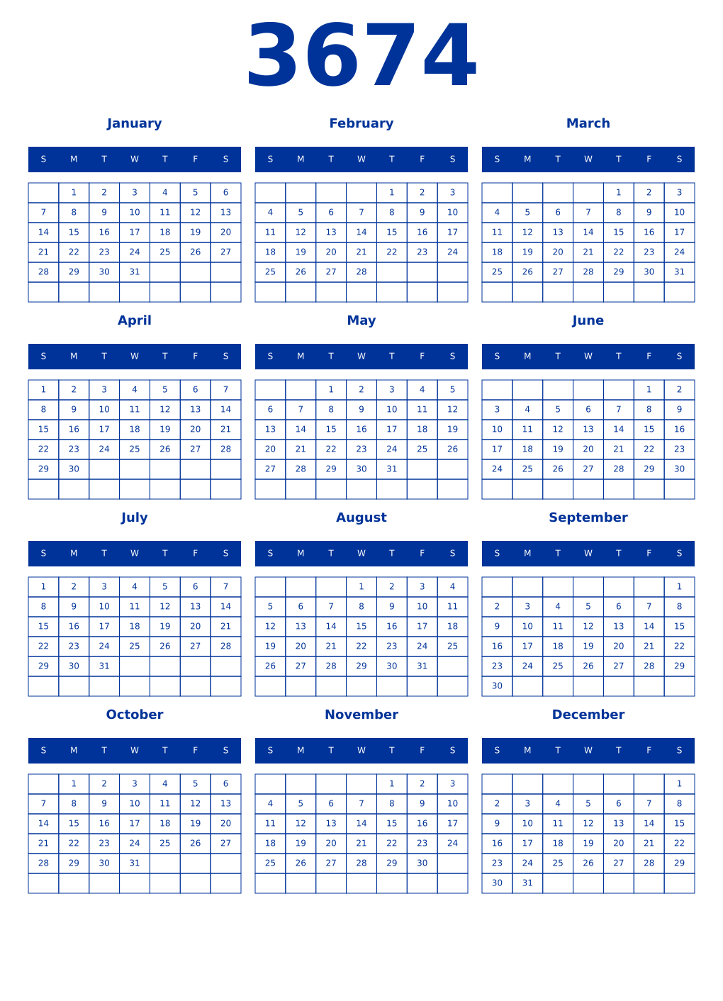 Printable 3674 Year Calendars smalt