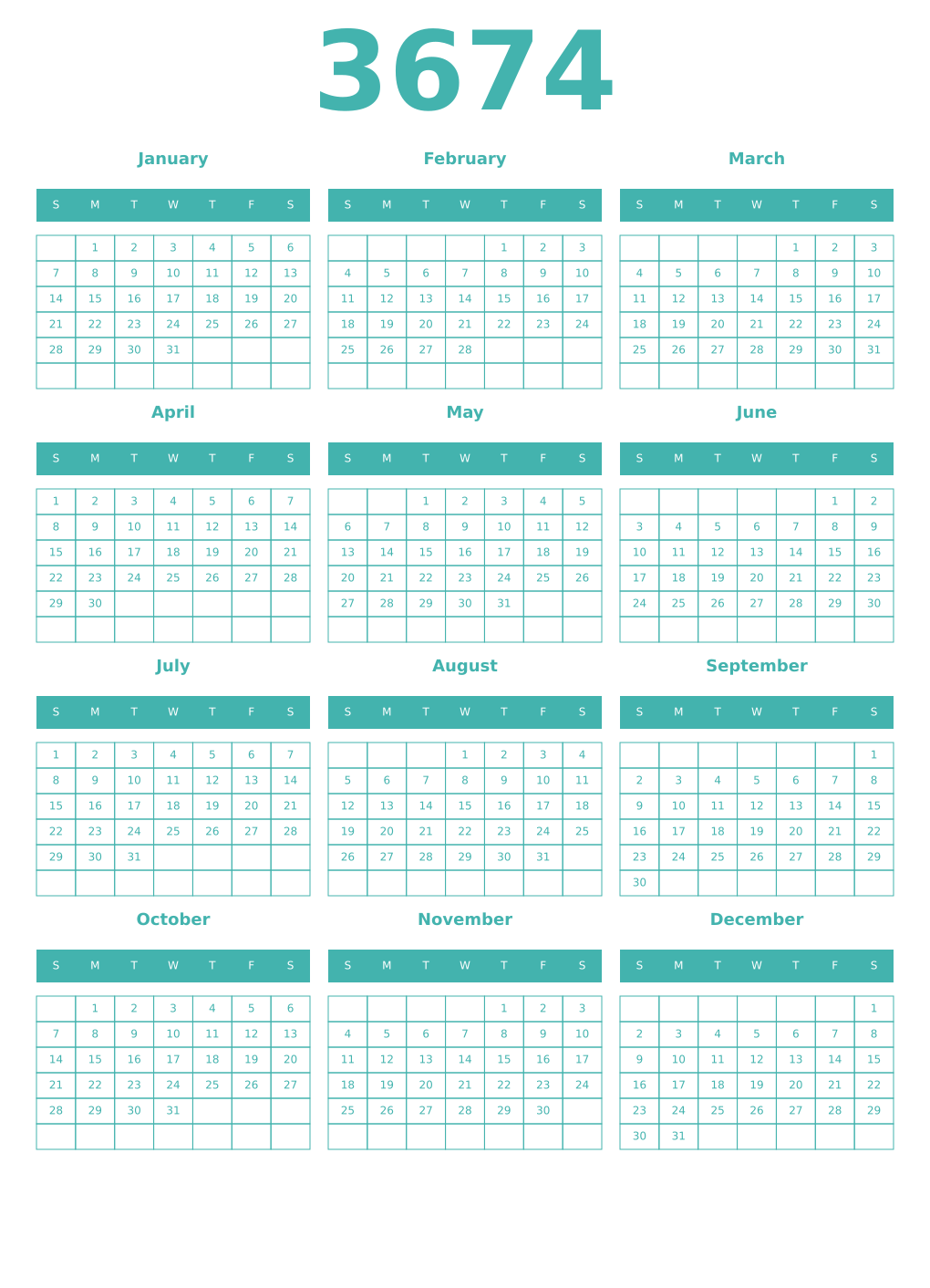 Printable 3674 Year Calendars verdigris