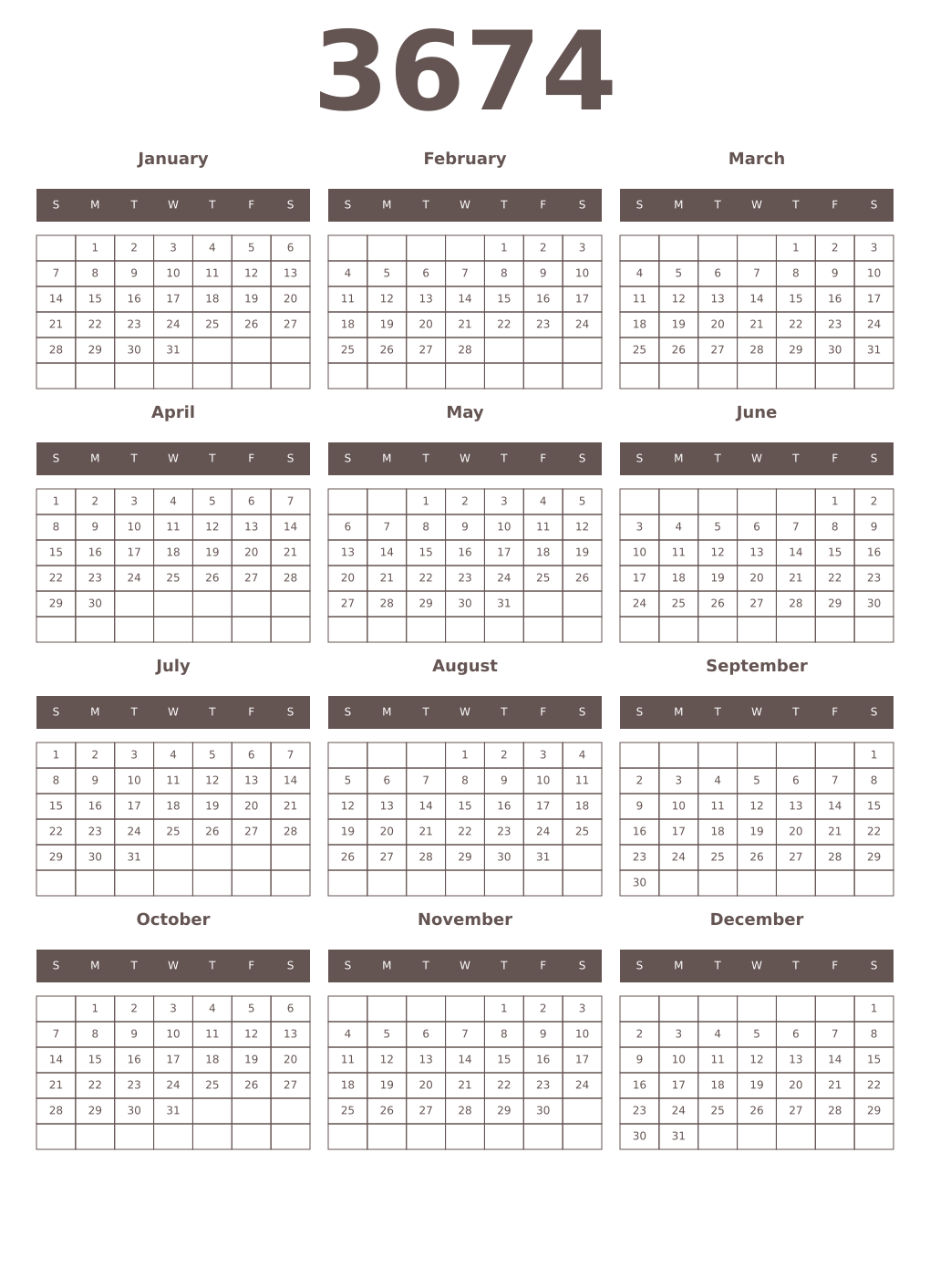 Printable 3674 Year Calendars wenge