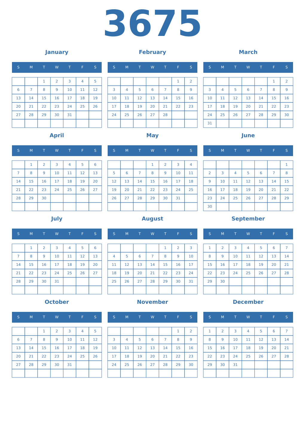 Printable 3675 Year Calendars blue