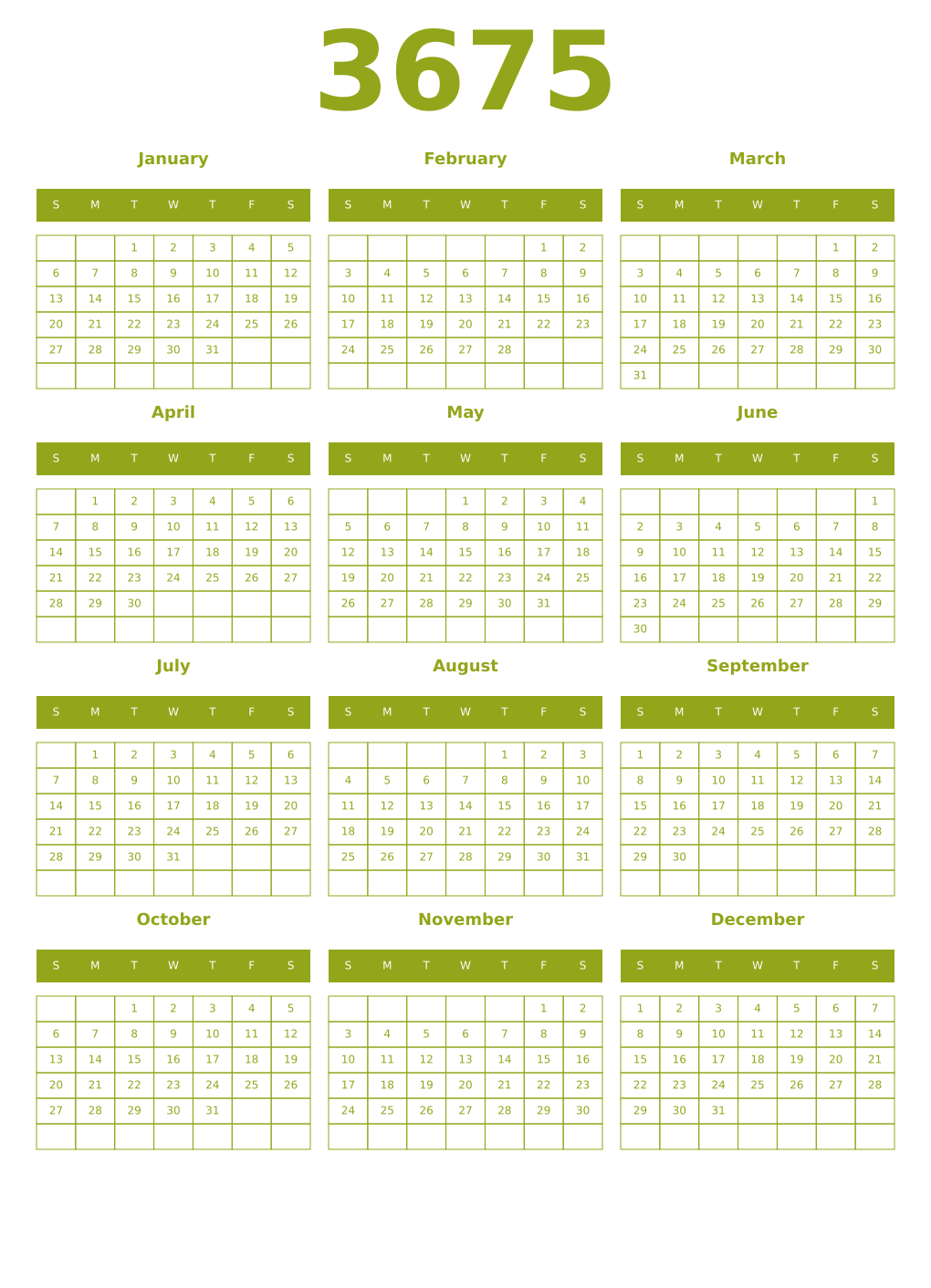 Printable 3675 Year Calendars chartreuse