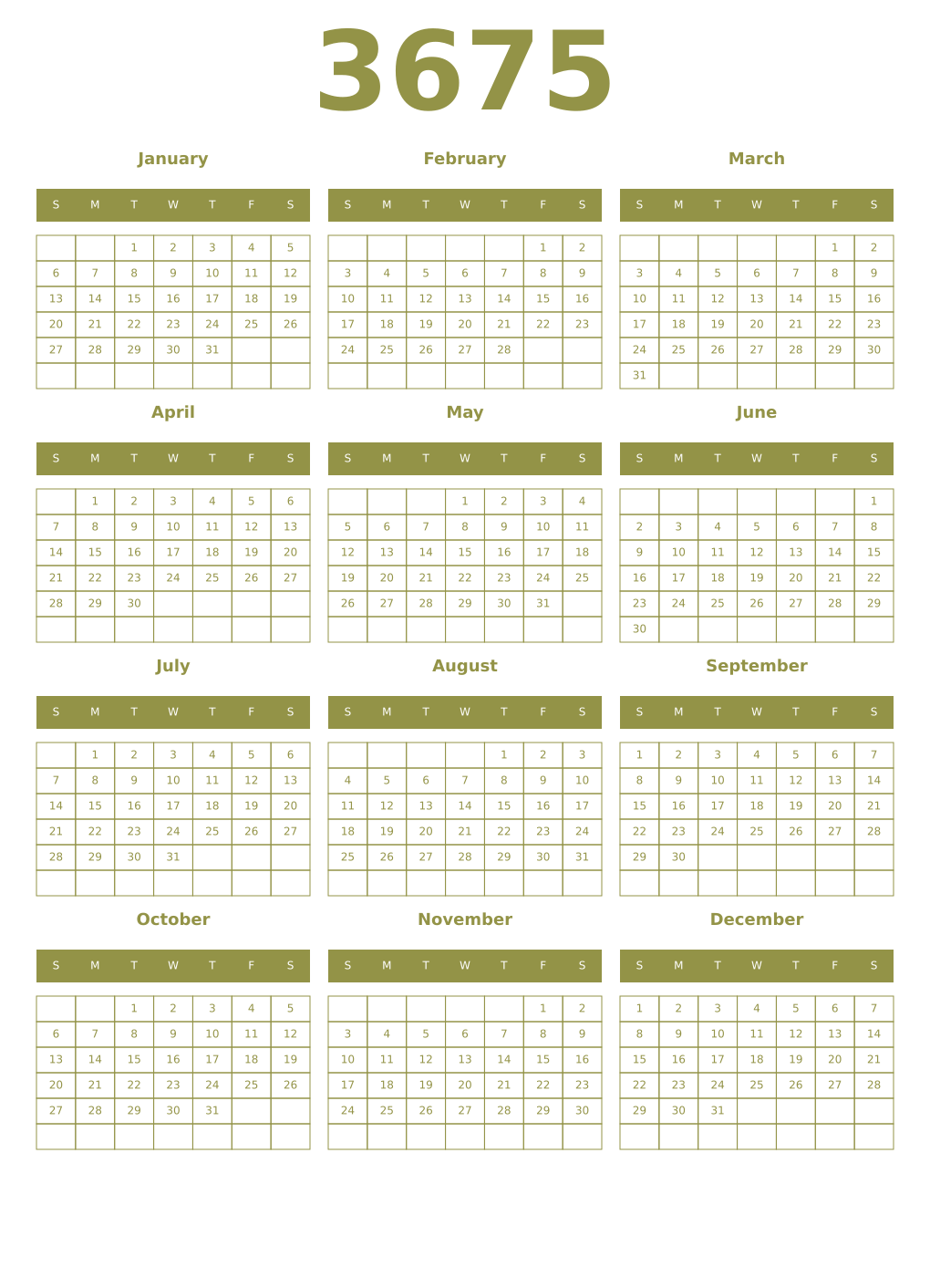 Printable 3675 Year Calendars eburnean