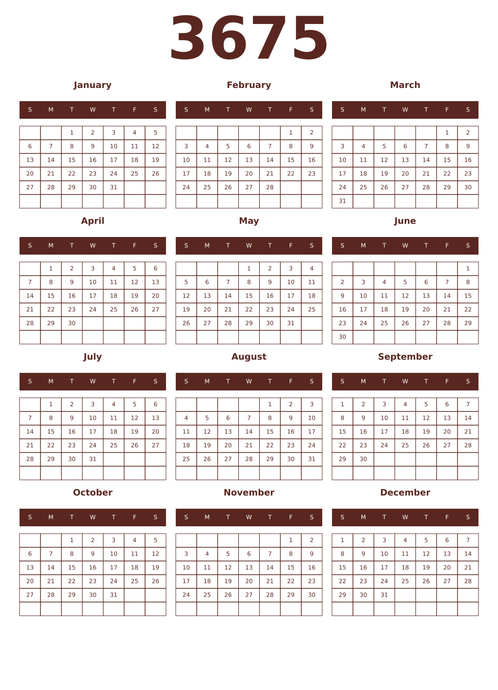 Printable 3675 Year Calendars mortuum
