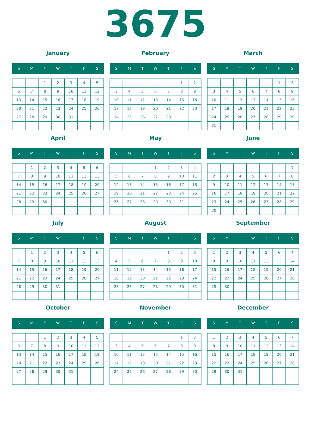 Printable 3675 Year Calendars pastel