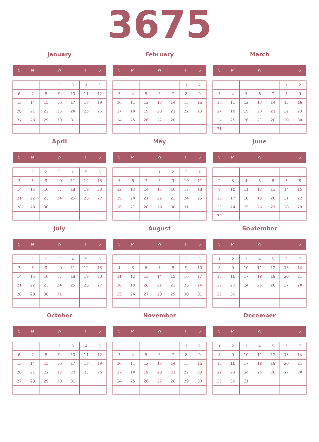 Printable 3675 Year Calendars puce