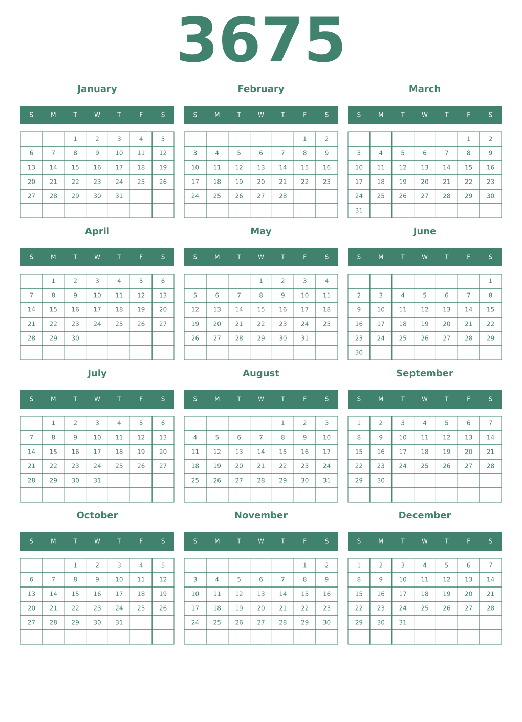 Printable 3675 Year Calendars viridian