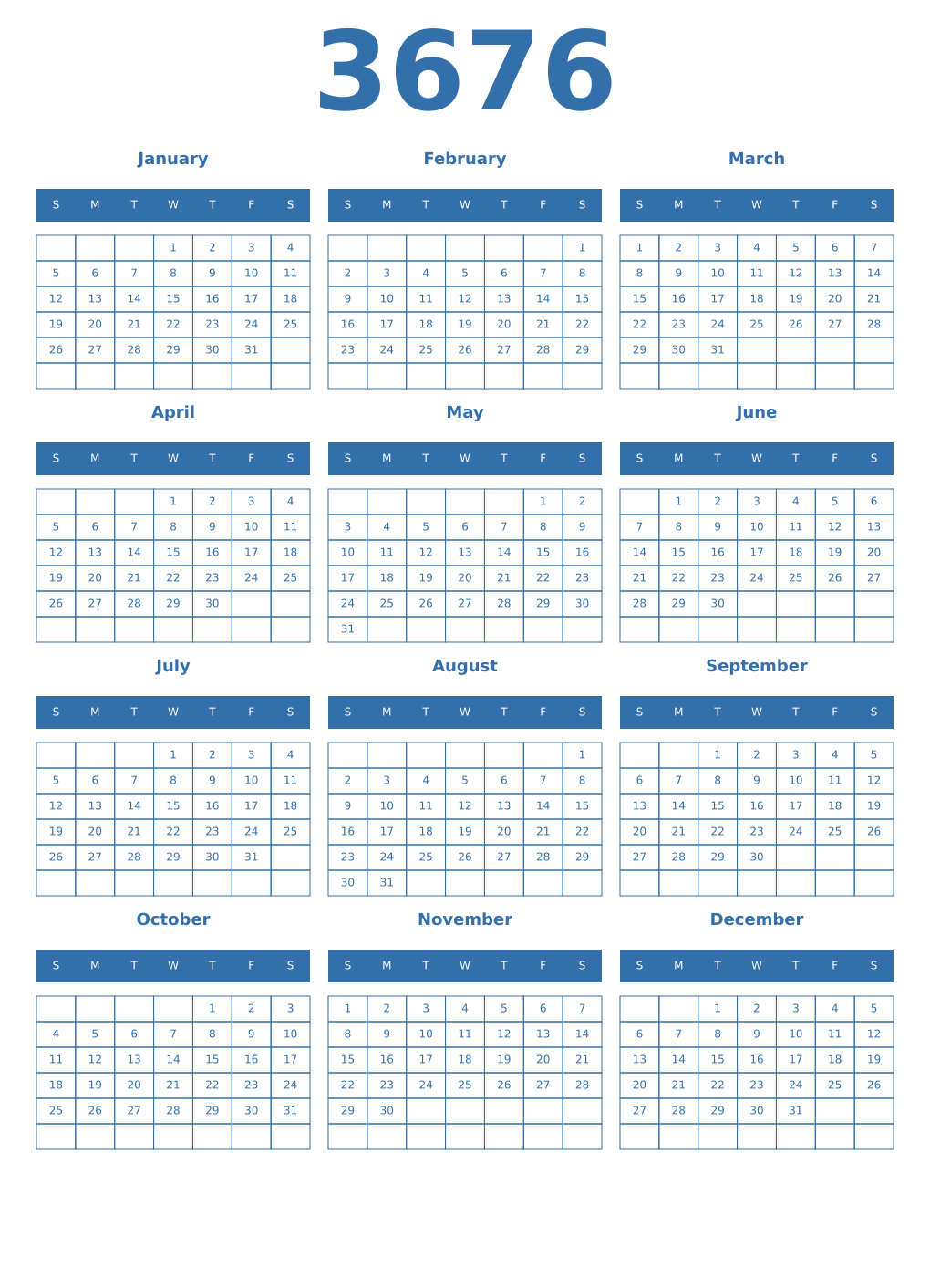 Printable 3676 Year Calendars blue