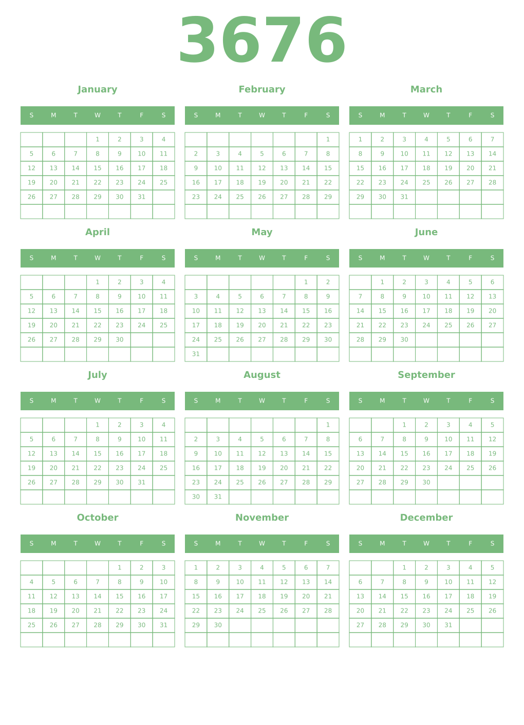 Printable 3676 Year Calendars celadon