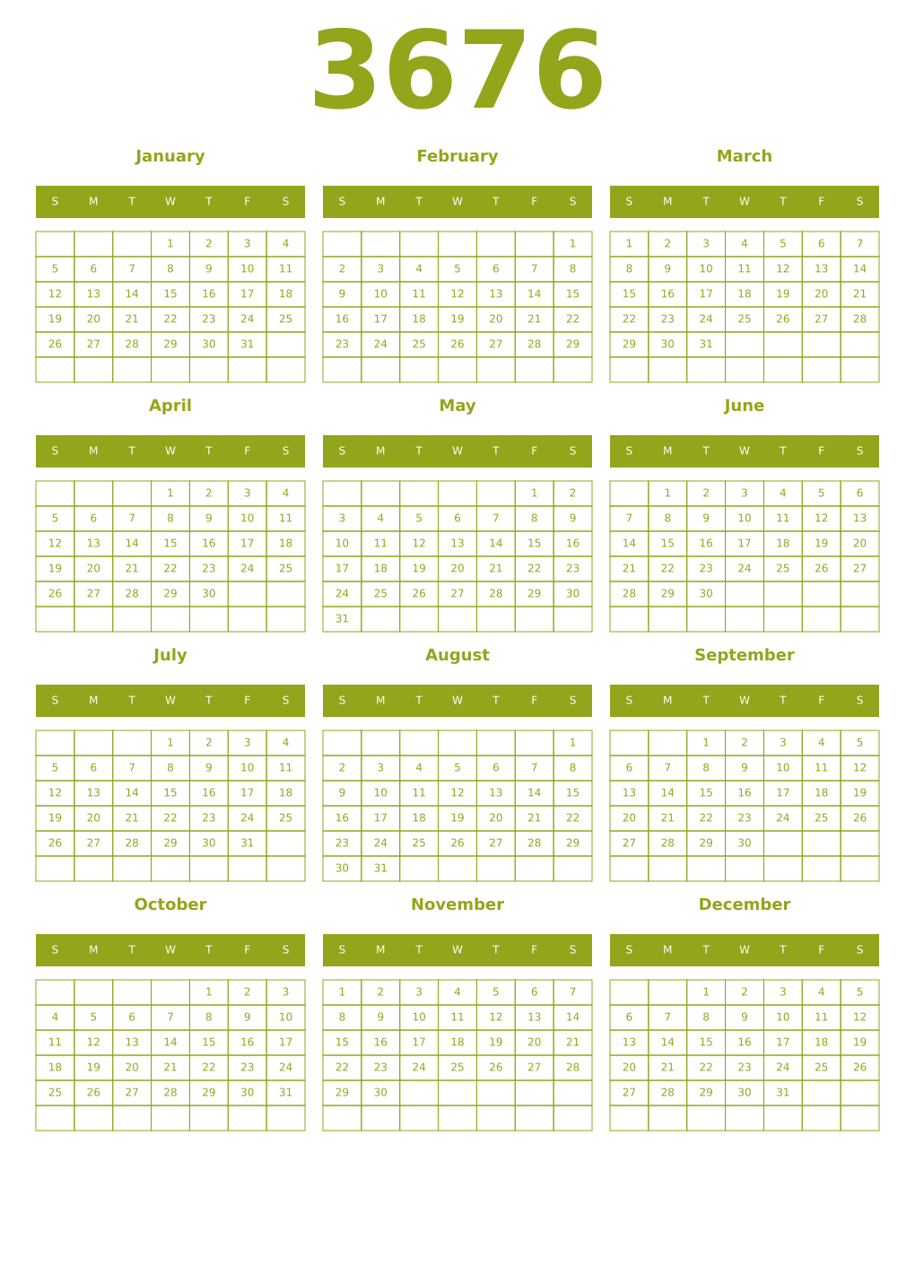 Printable 3676 Year Calendars chartreuse