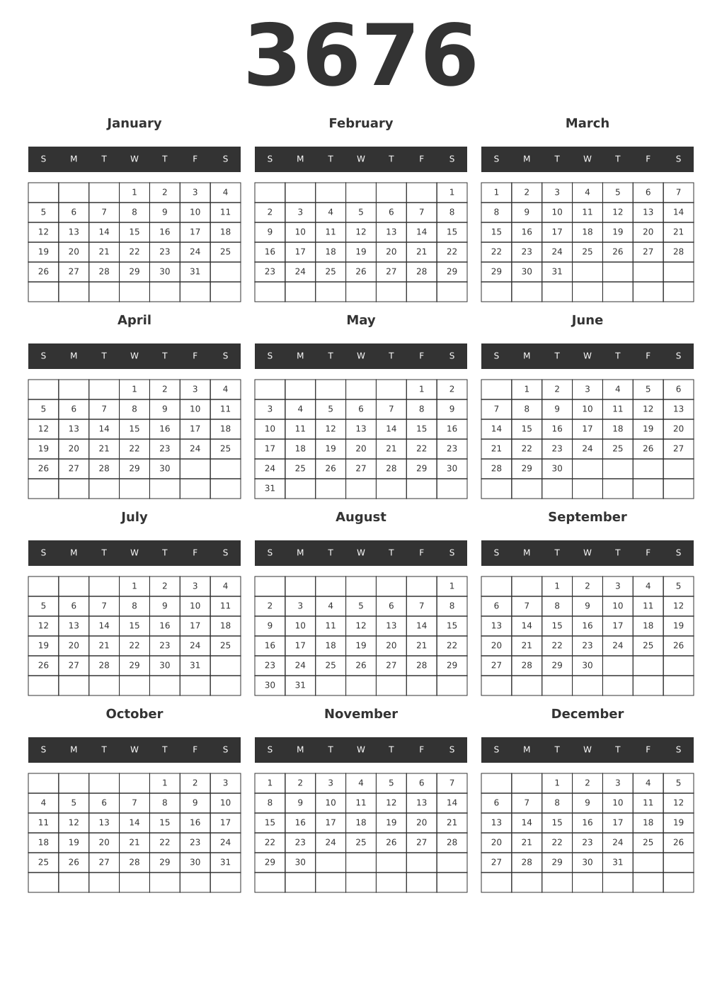 Printable 3676 Year Calendars dark