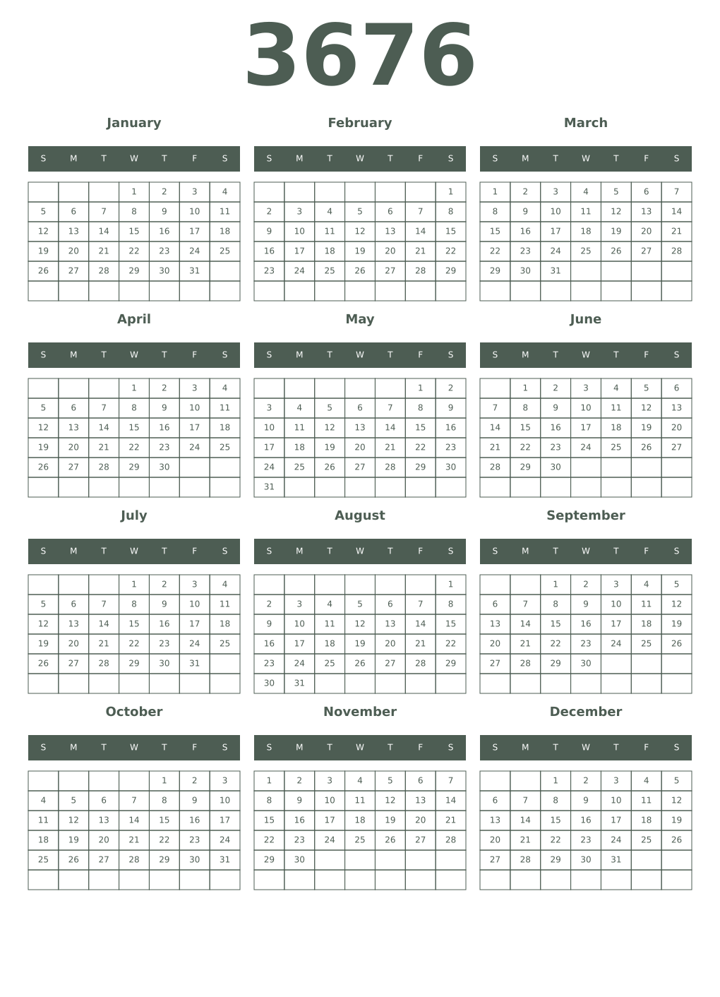 Printable 3676 Year Calendars feldgrau