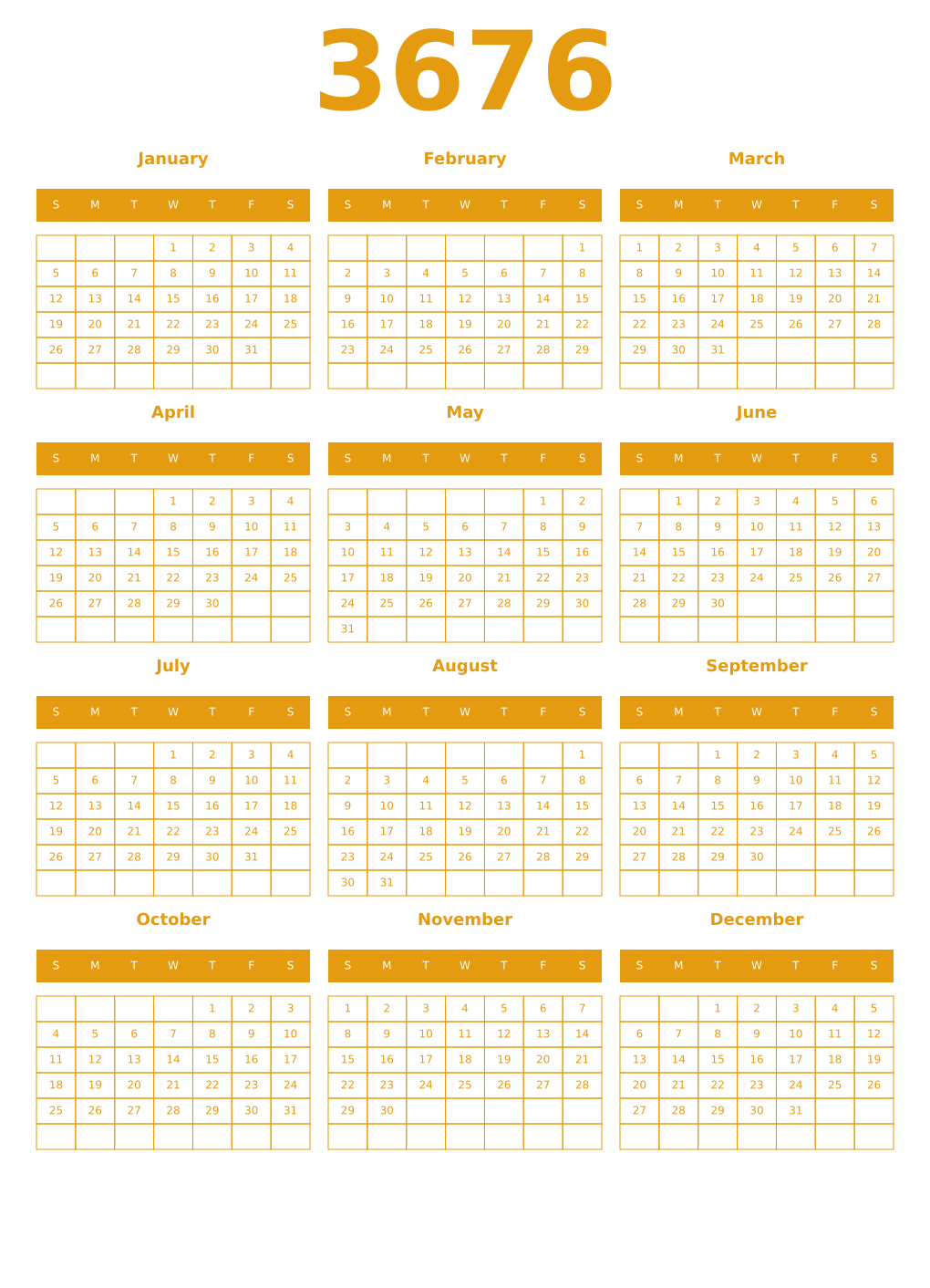 Printable 3676 Year Calendars gamboge