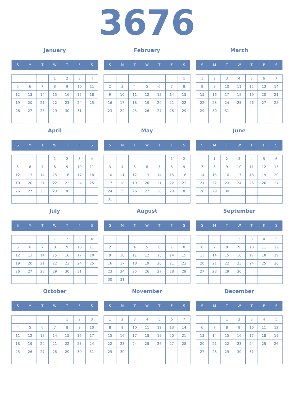 Printable 3676 Year Calendars glaucous