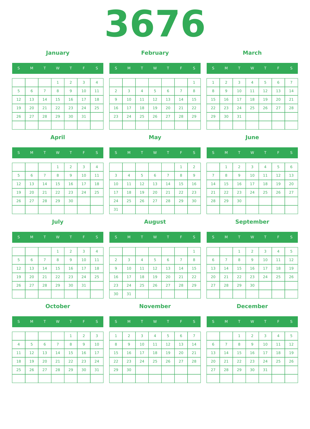 Printable 3676 Year Calendars green