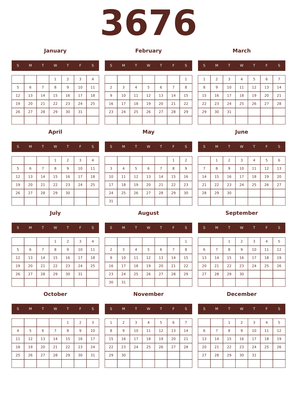 Printable 3676 Year Calendars mortuum