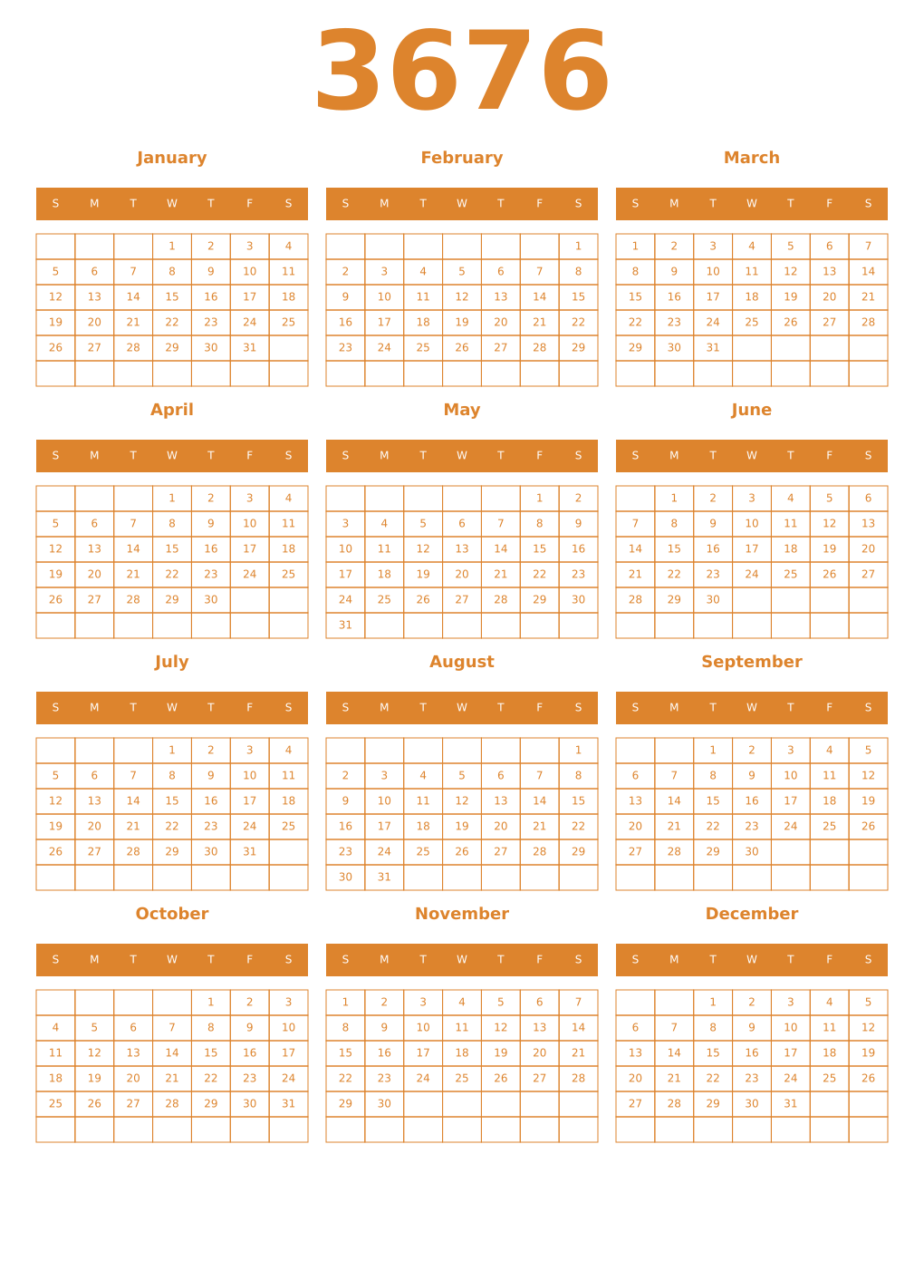 Printable 3676 Year Calendars orange