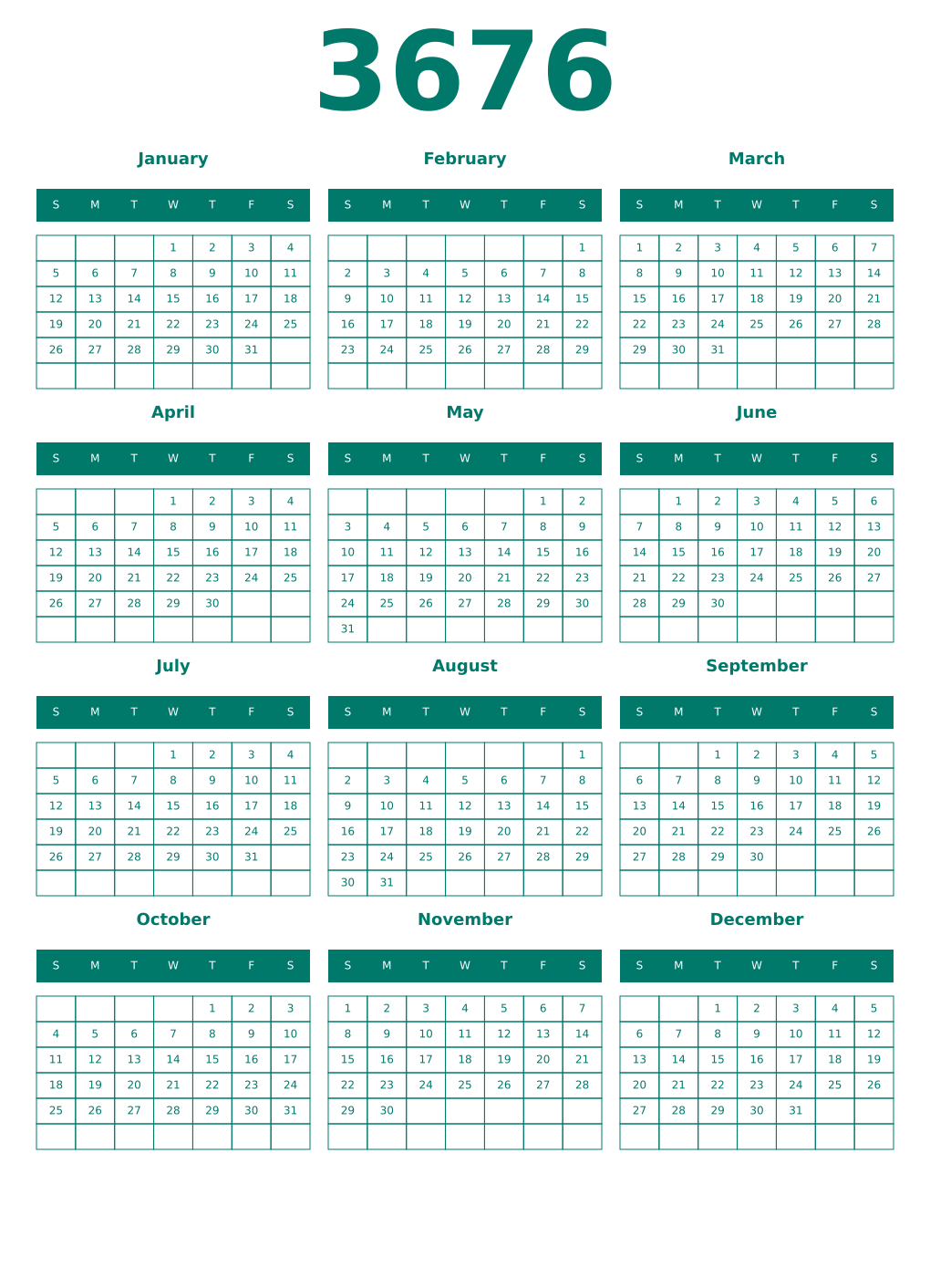Printable 3676 Year Calendars pastel