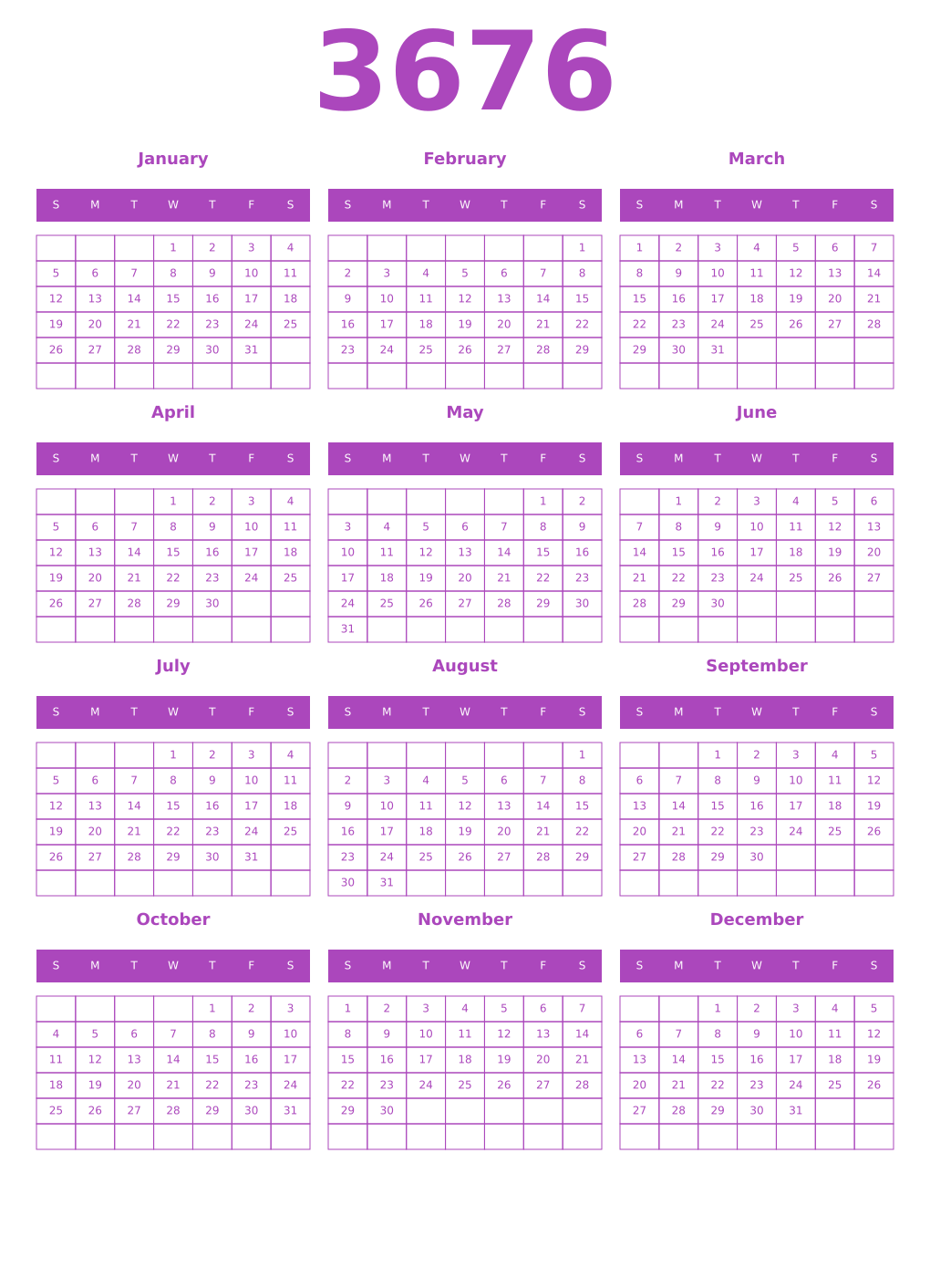 Printable 3676 Year Calendars purple