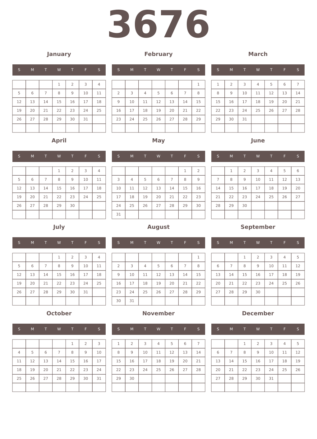 Printable 3676 Year Calendars wenge