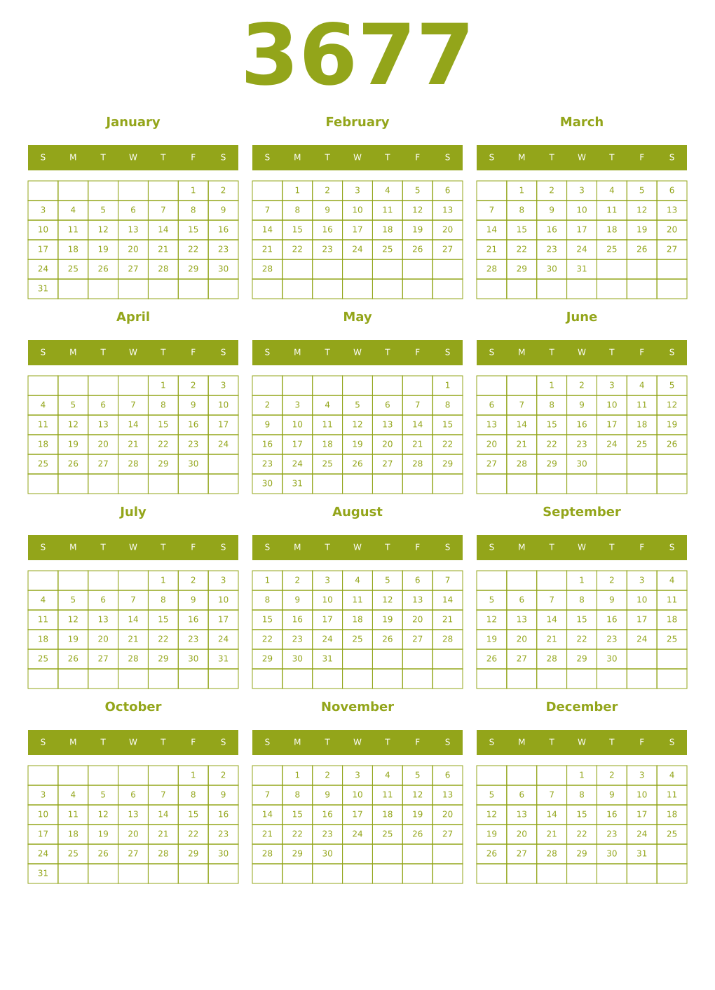 Printable 3677 Year Calendars chartreuse