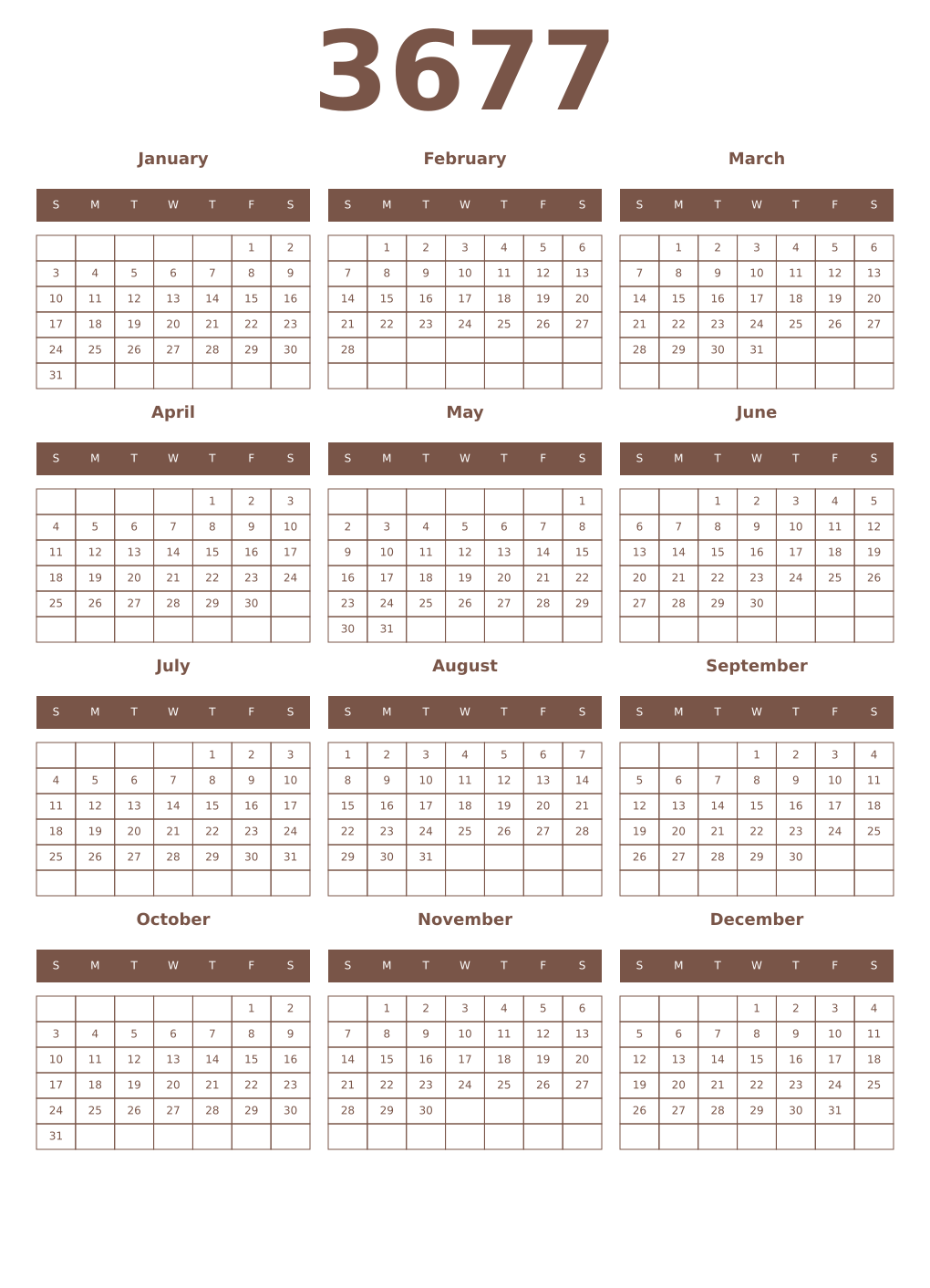 Printable 3677 Year Calendars coffe