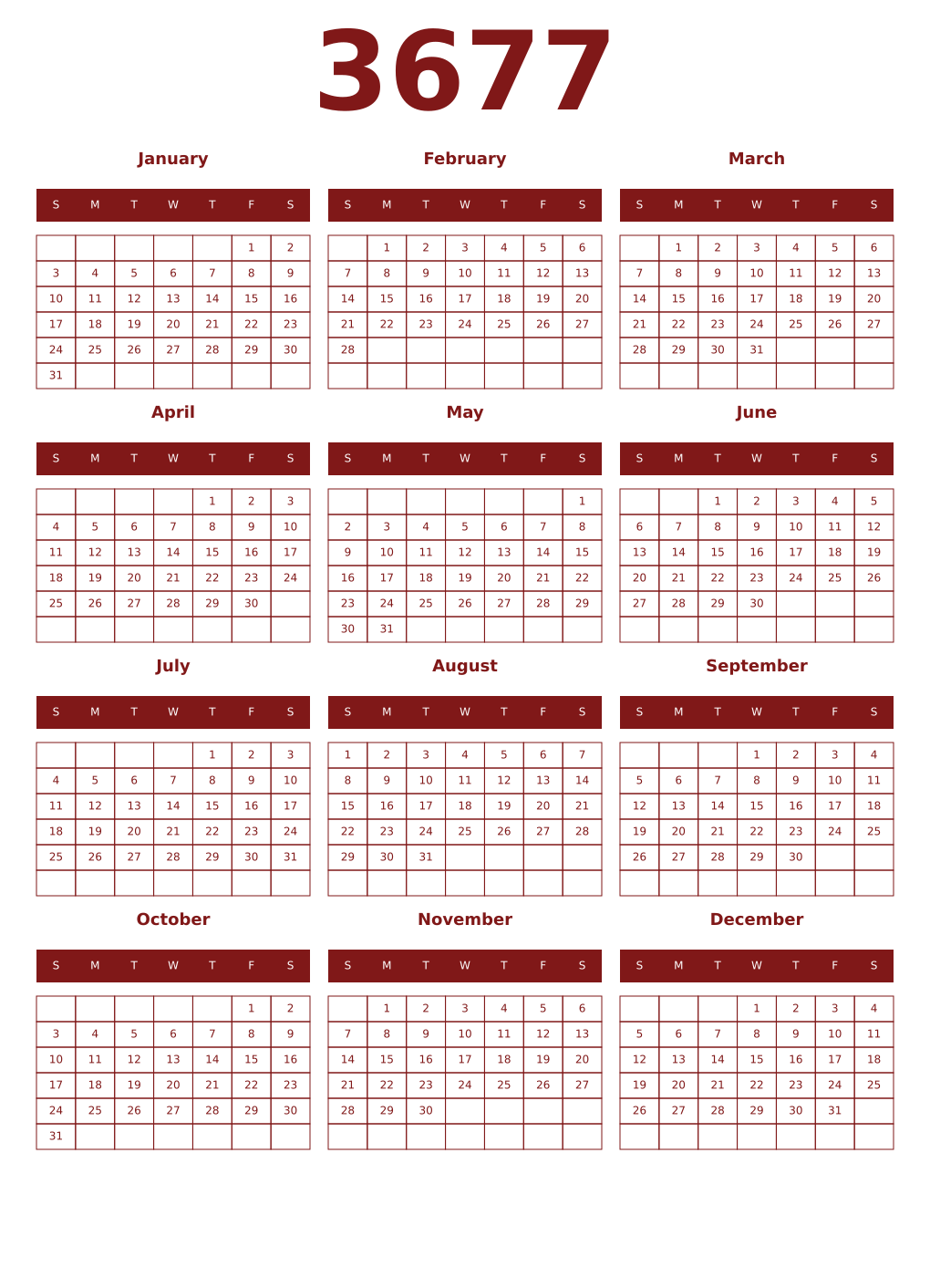 Printable 3677 Year Calendars falu