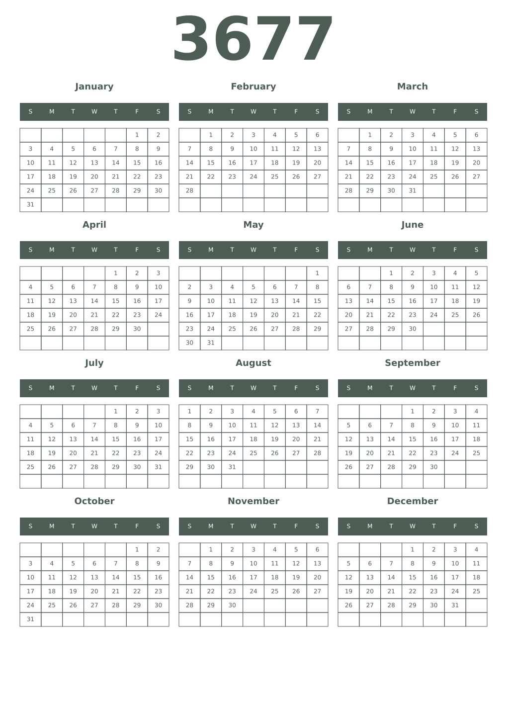 Printable 3677 Year Calendars feldgrau