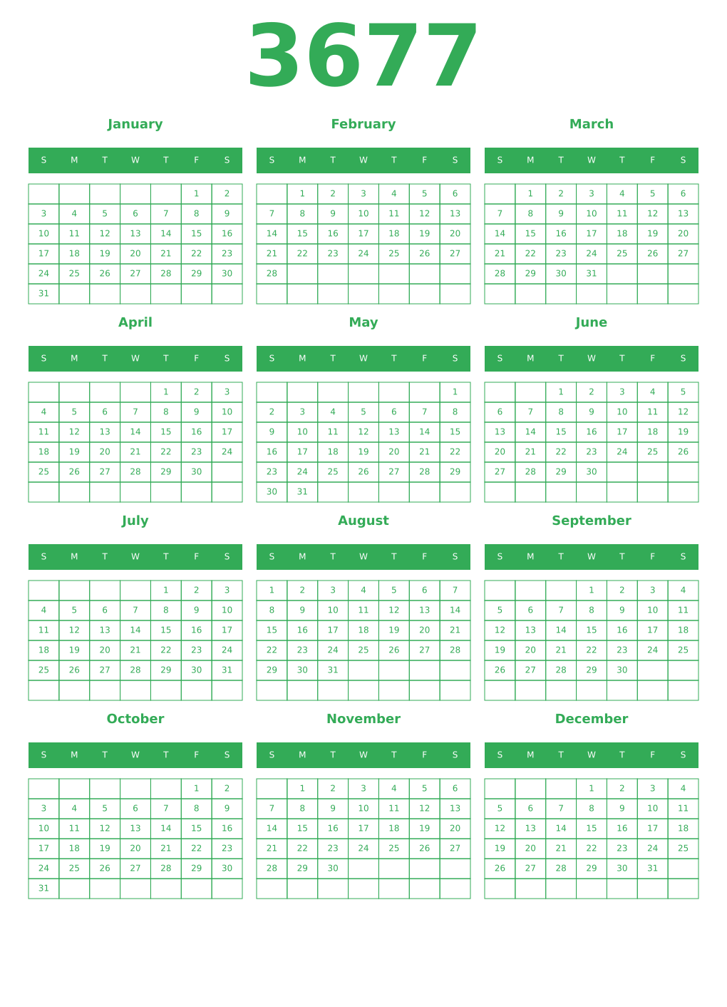 Printable 3677 Year Calendars green