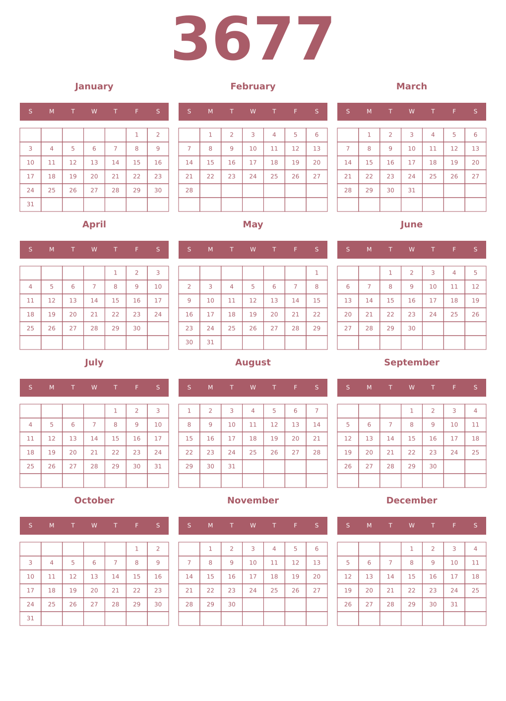 Printable 3677 Year Calendars puce