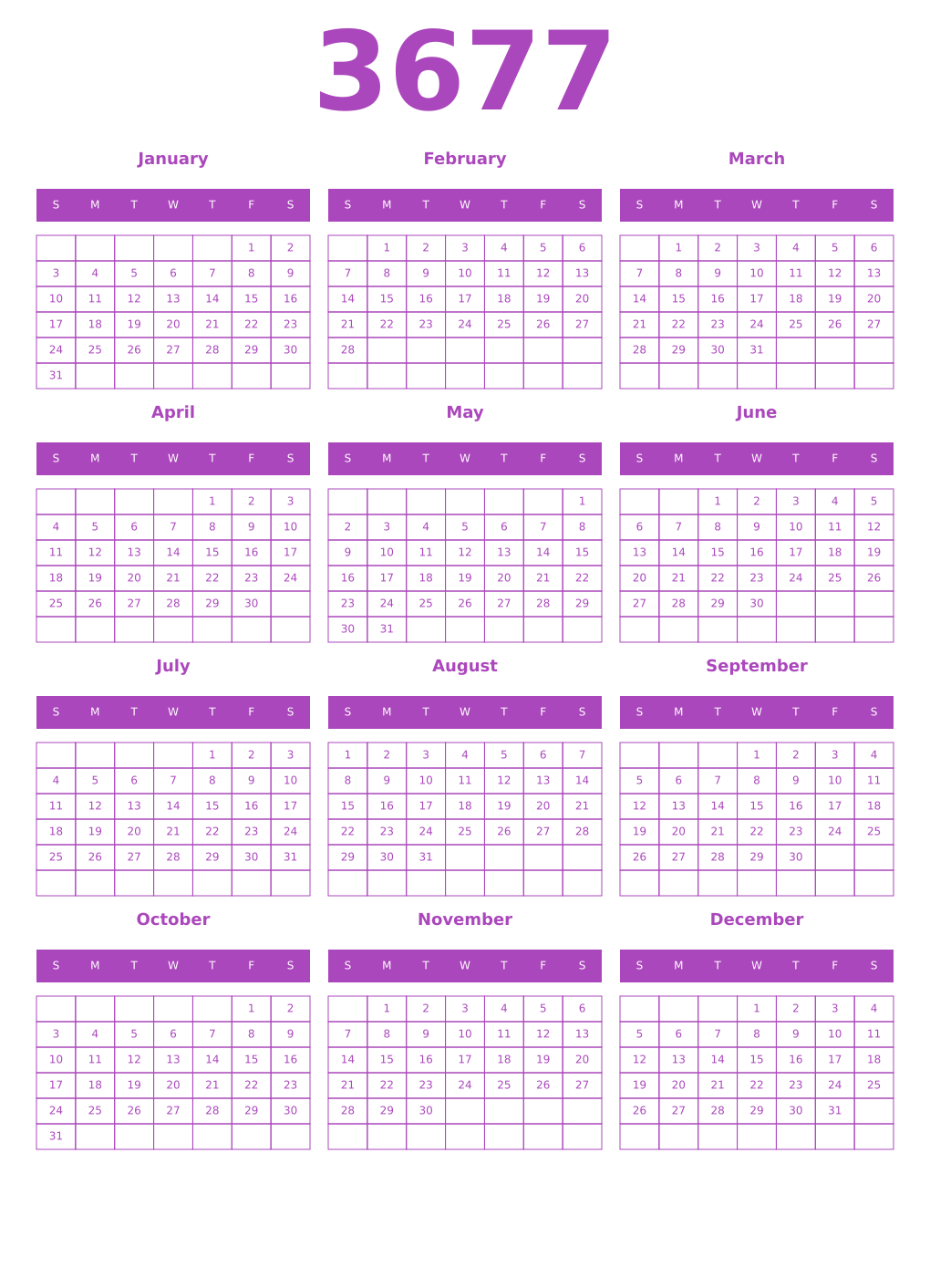 Printable 3677 Year Calendars purple