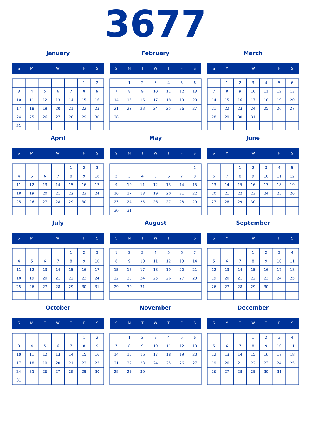 Printable 3677 Year Calendars smalt