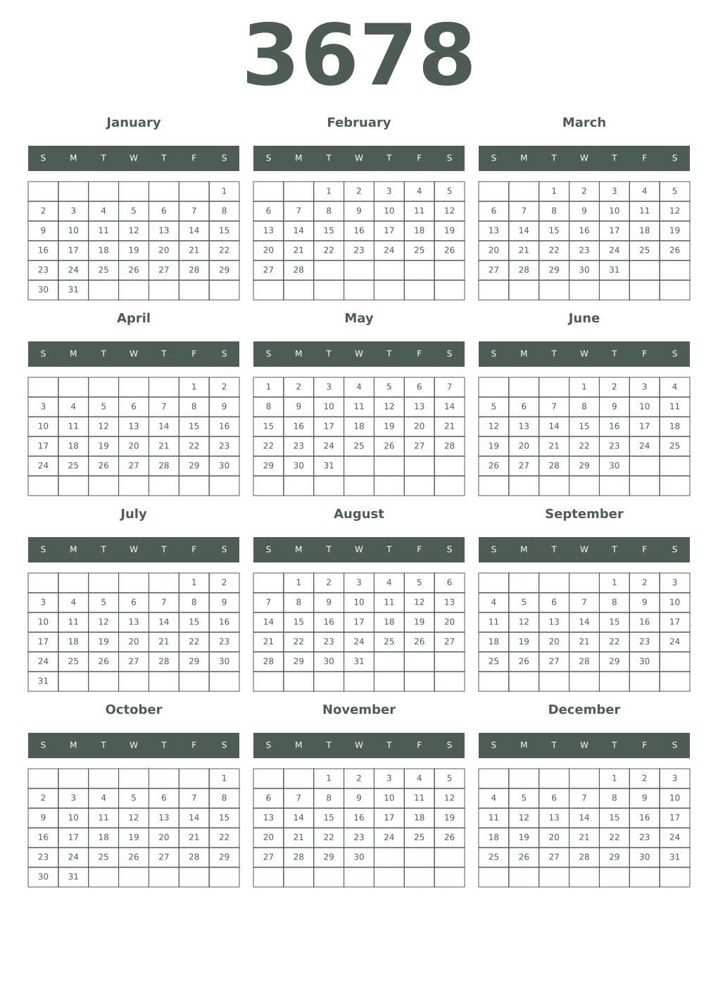Printable 3678 Year Calendars feldgrau