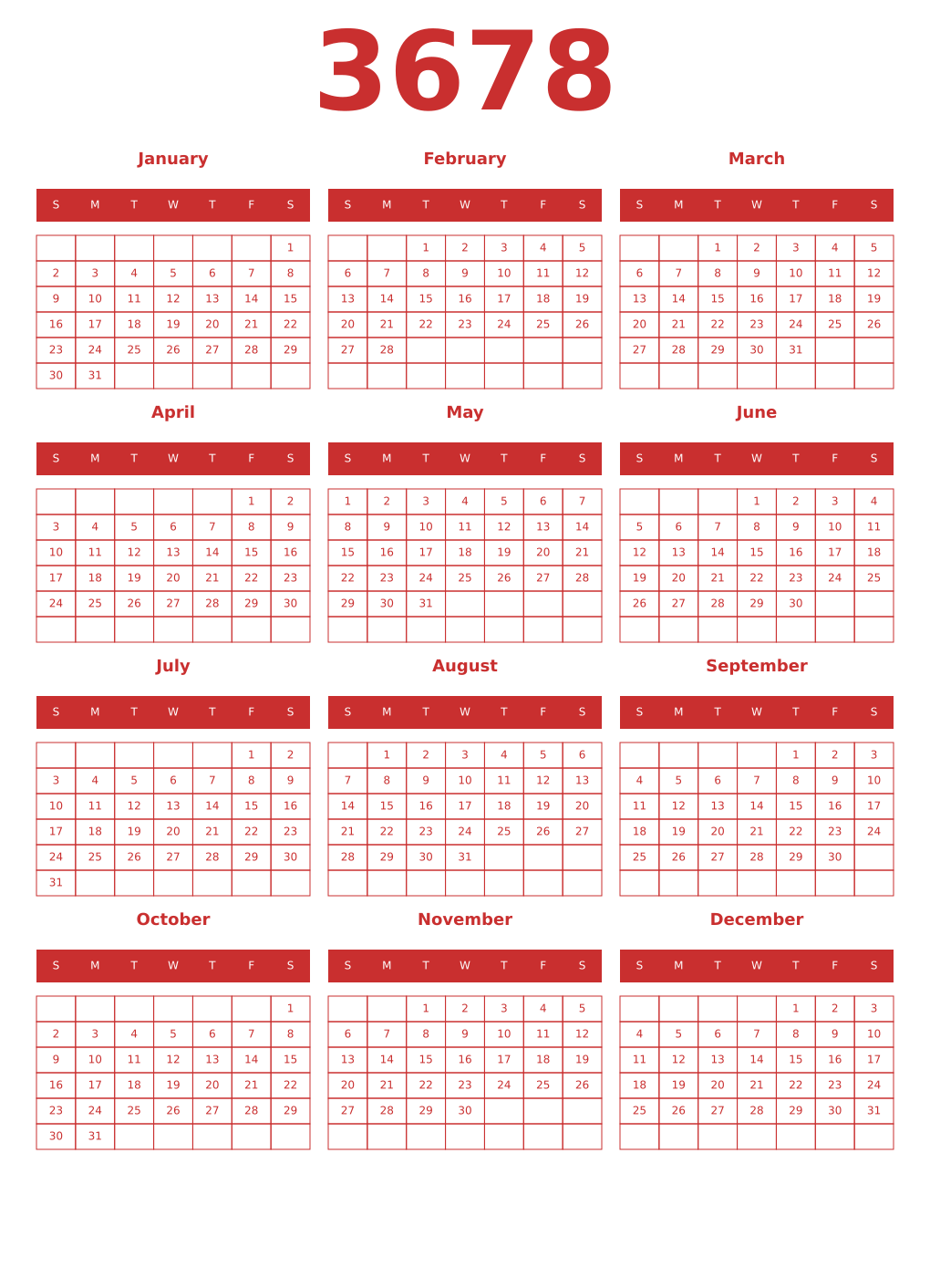 Printable 3678 Year Calendars red