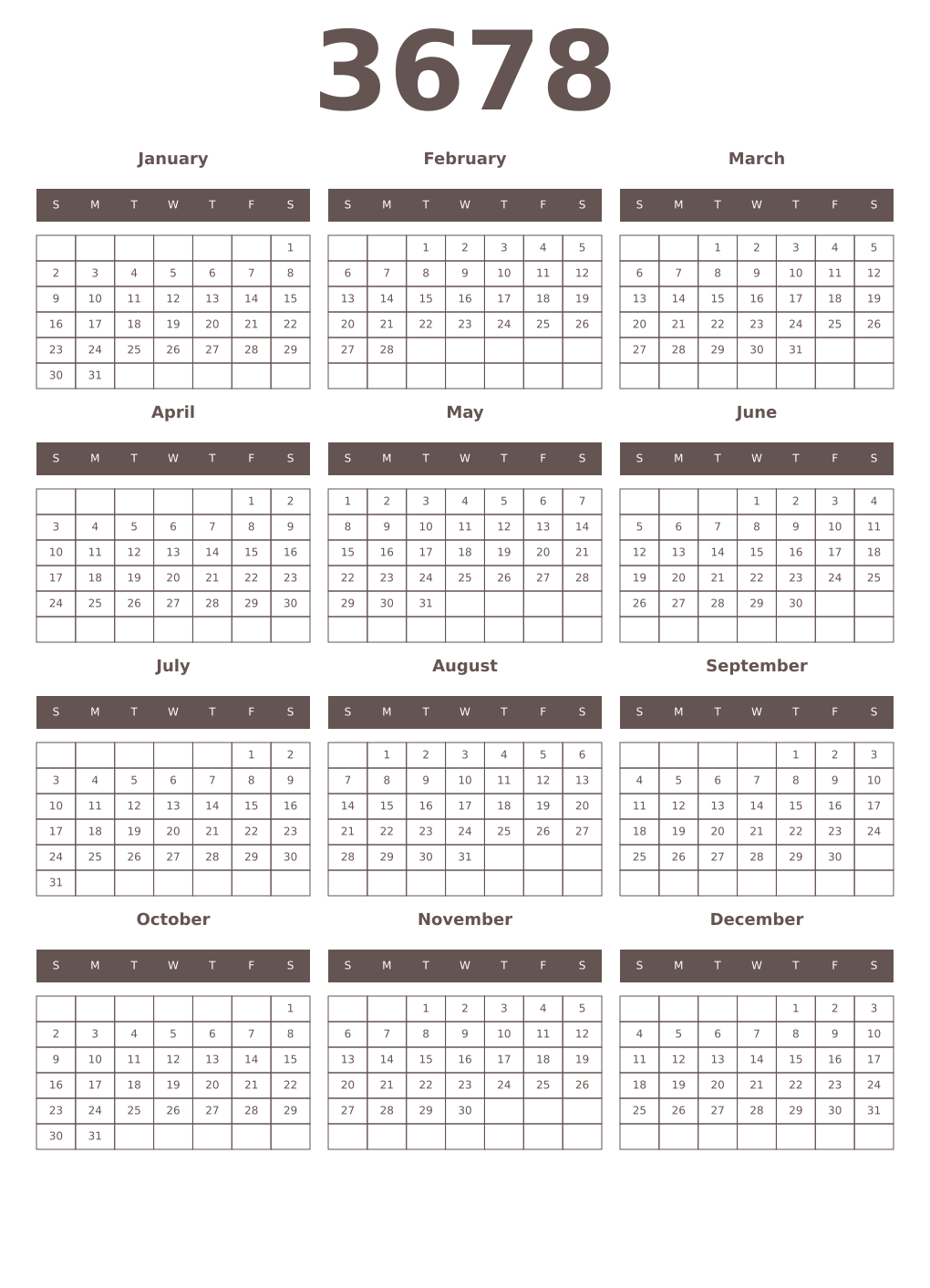 Printable 3678 Year Calendars wenge