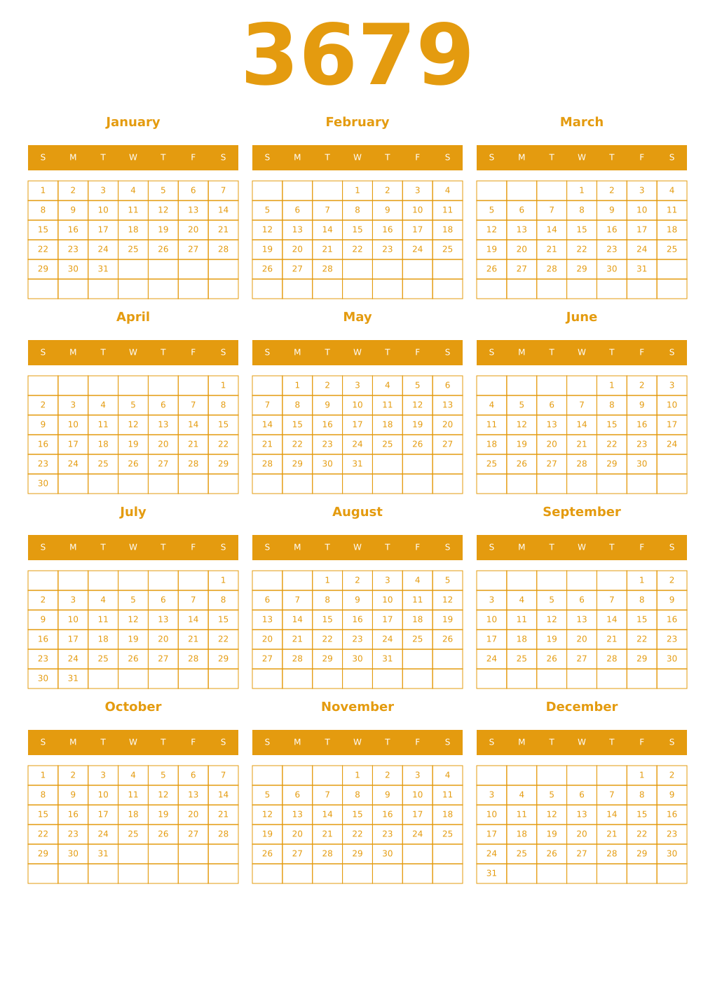 Printable 3679 Year Calendars gamboge