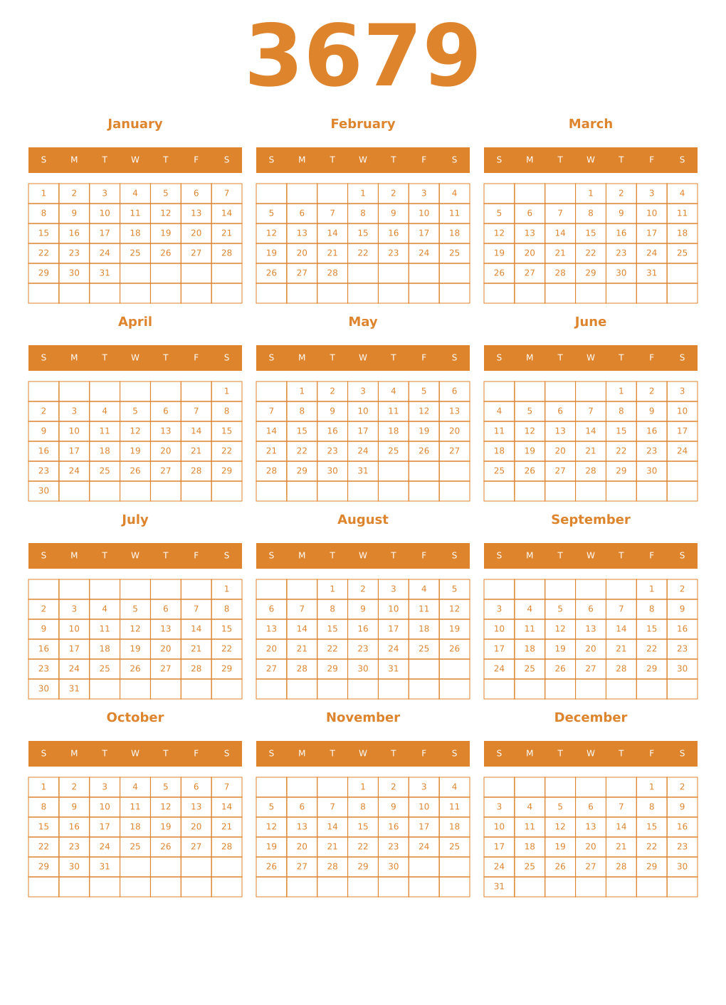 Printable 3679 Year Calendars orange