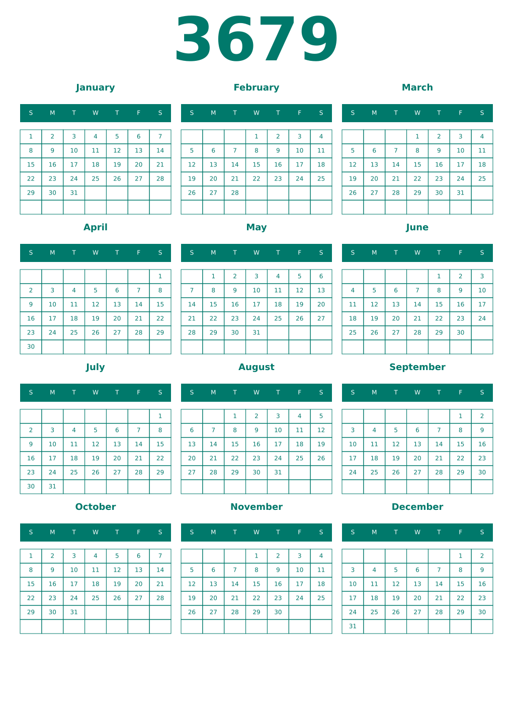 Printable 3679 Year Calendars pastel