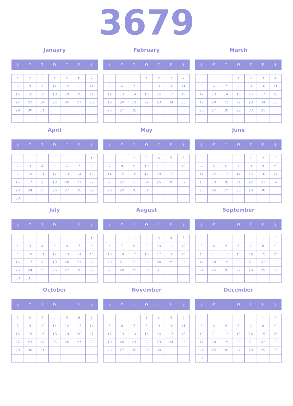 Printable 3679 Year Calendars periwinkle