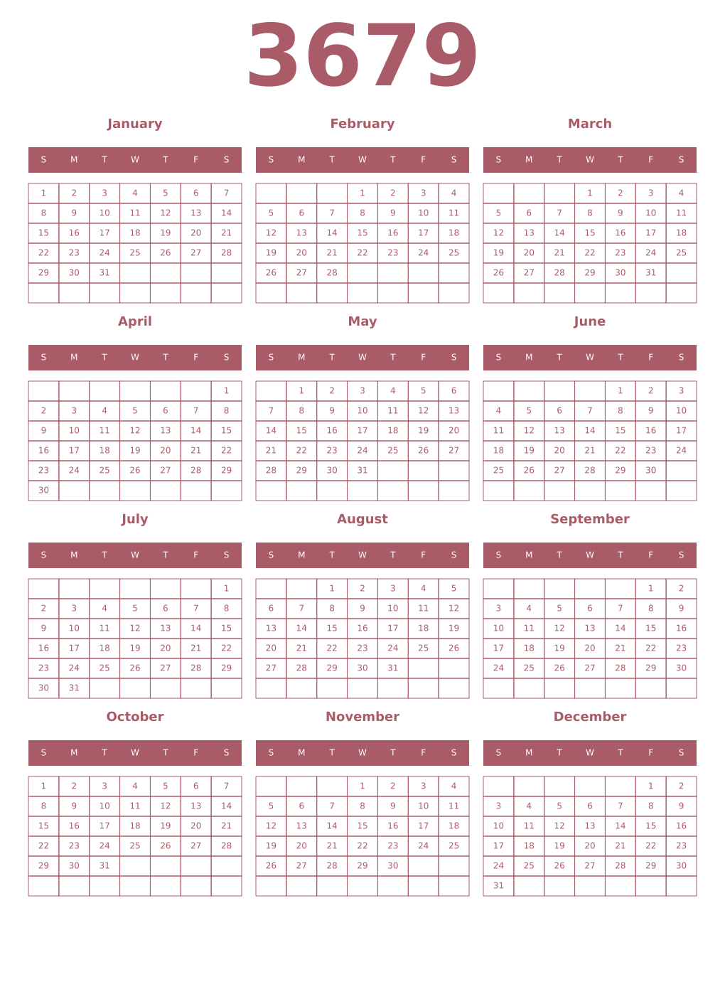 Printable 3679 Year Calendars puce
