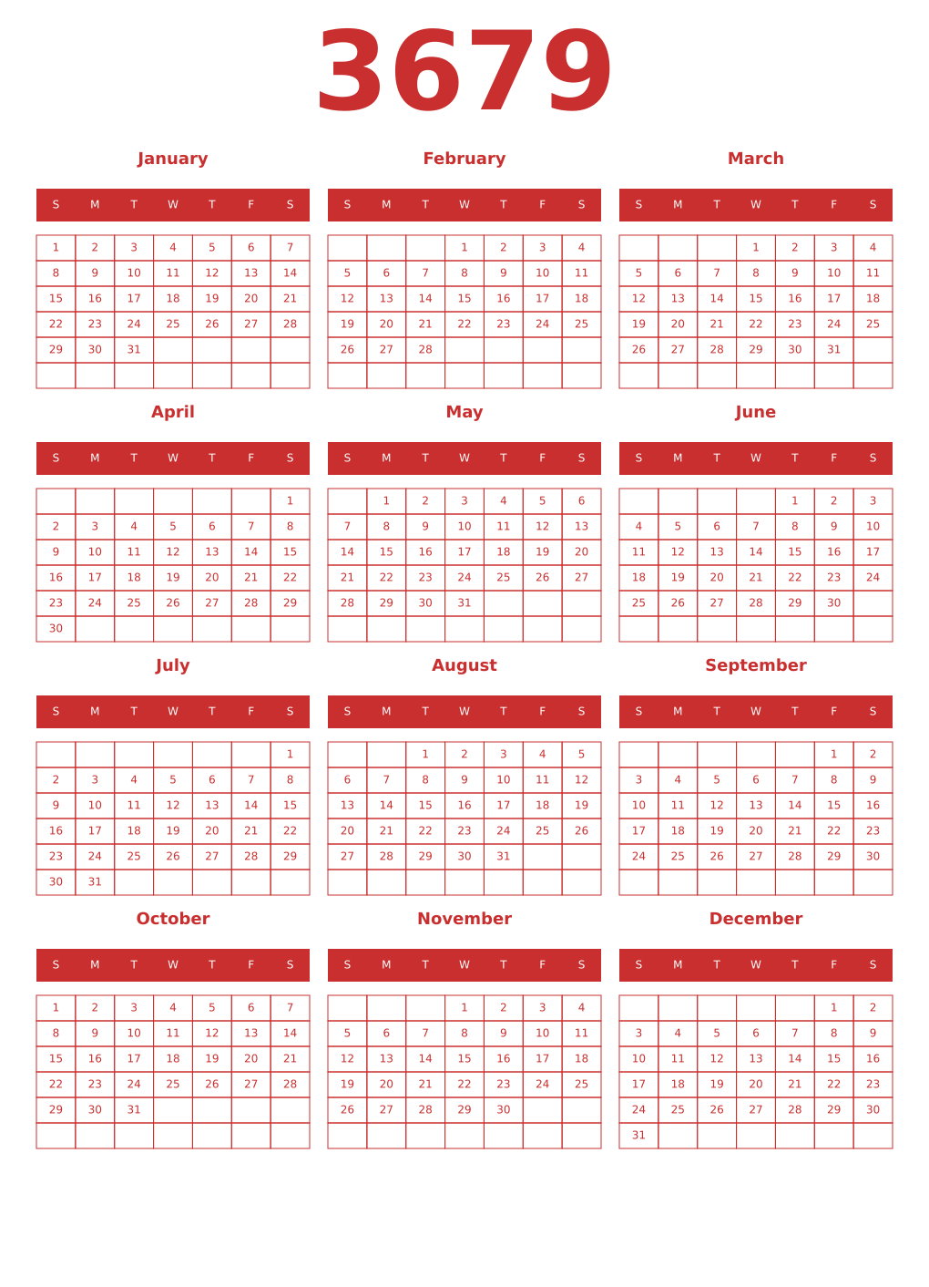 Printable 3679 Year Calendars red