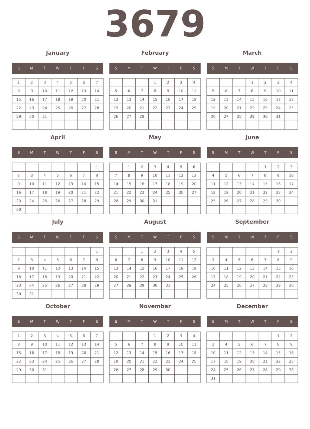 Printable 3679 Year Calendars wenge