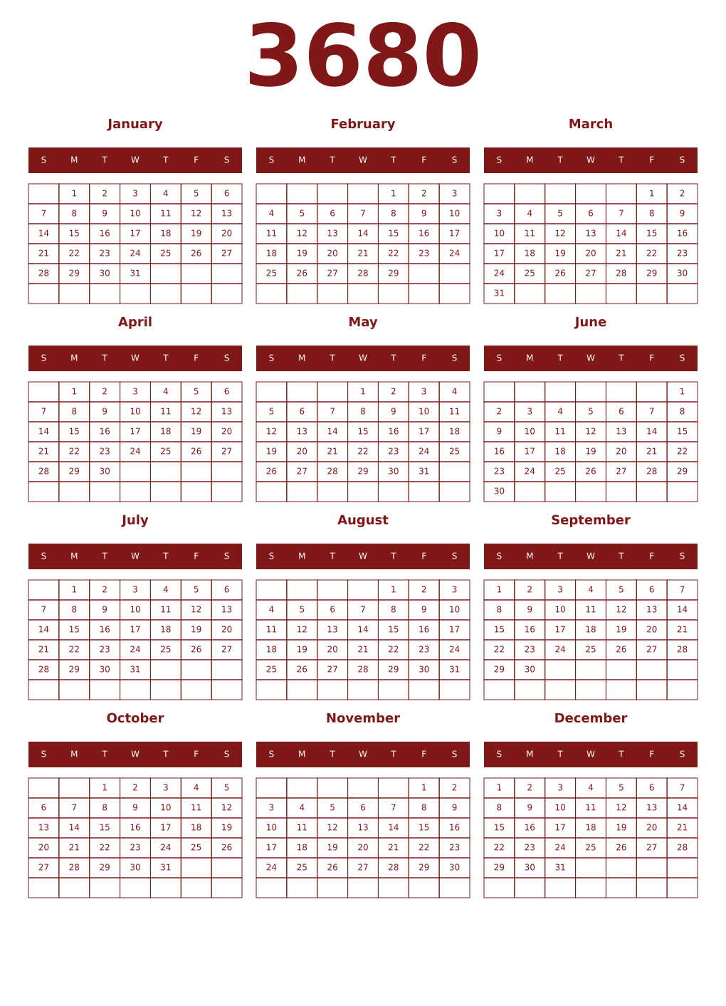 Printable 3680 Year Calendars falu