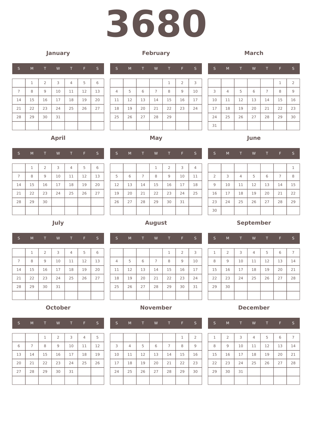 Printable 3680 Year Calendars wenge