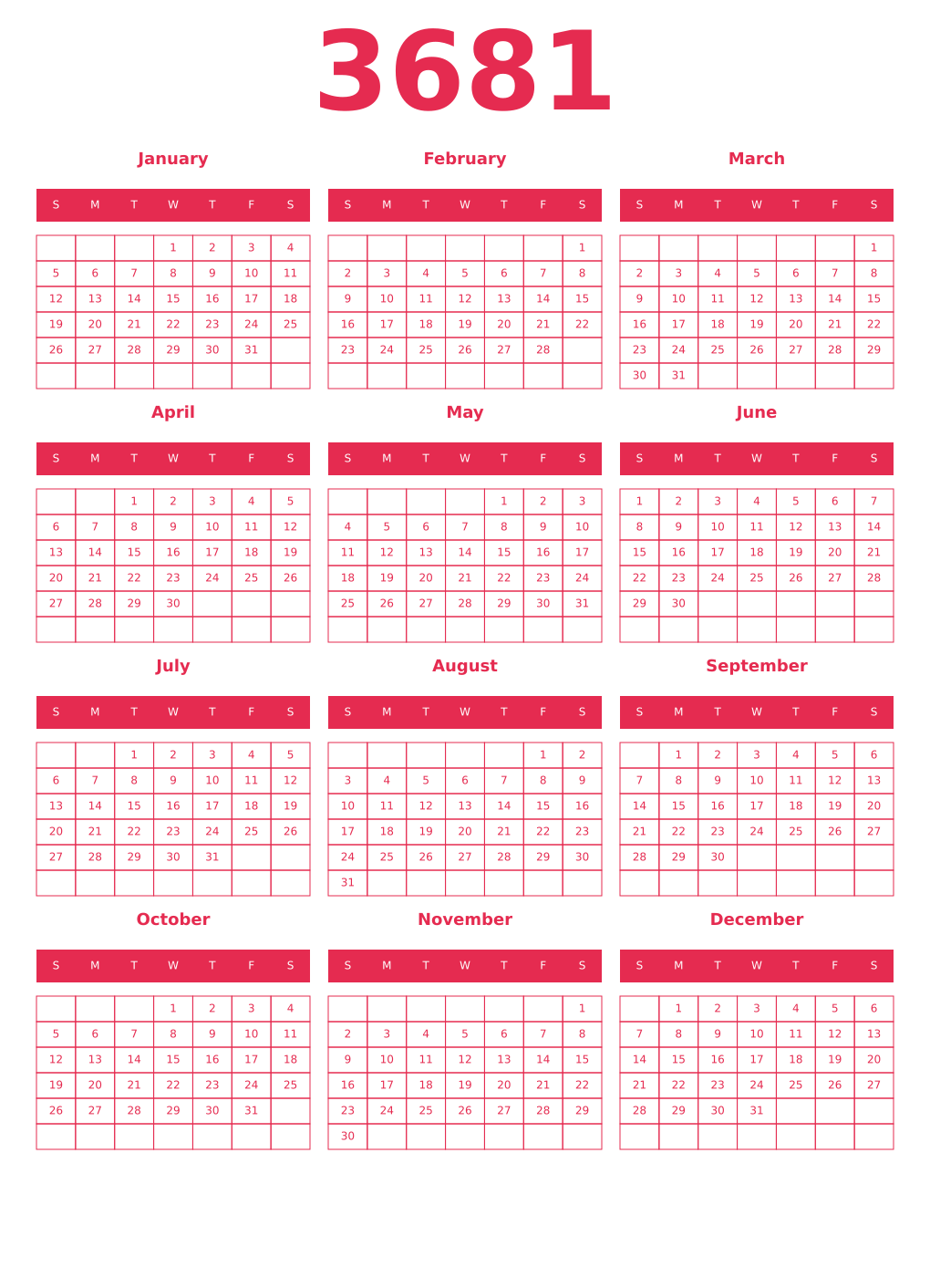 Printable 3681 Year Calendars amaranth